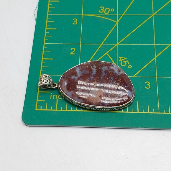 Large Polished Red Blue Moss Agate Stone Pendant With Ornate Silver Bail - Picture 5 of 7